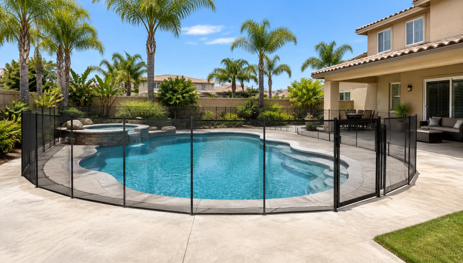 Residential swimming pool surrounded by a black mesh pool safety fence in a Southern California backyard