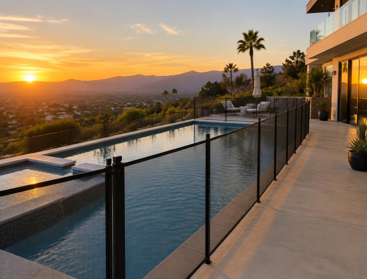 Representative image: hillside pool lined with a mesh safety fence at sunset